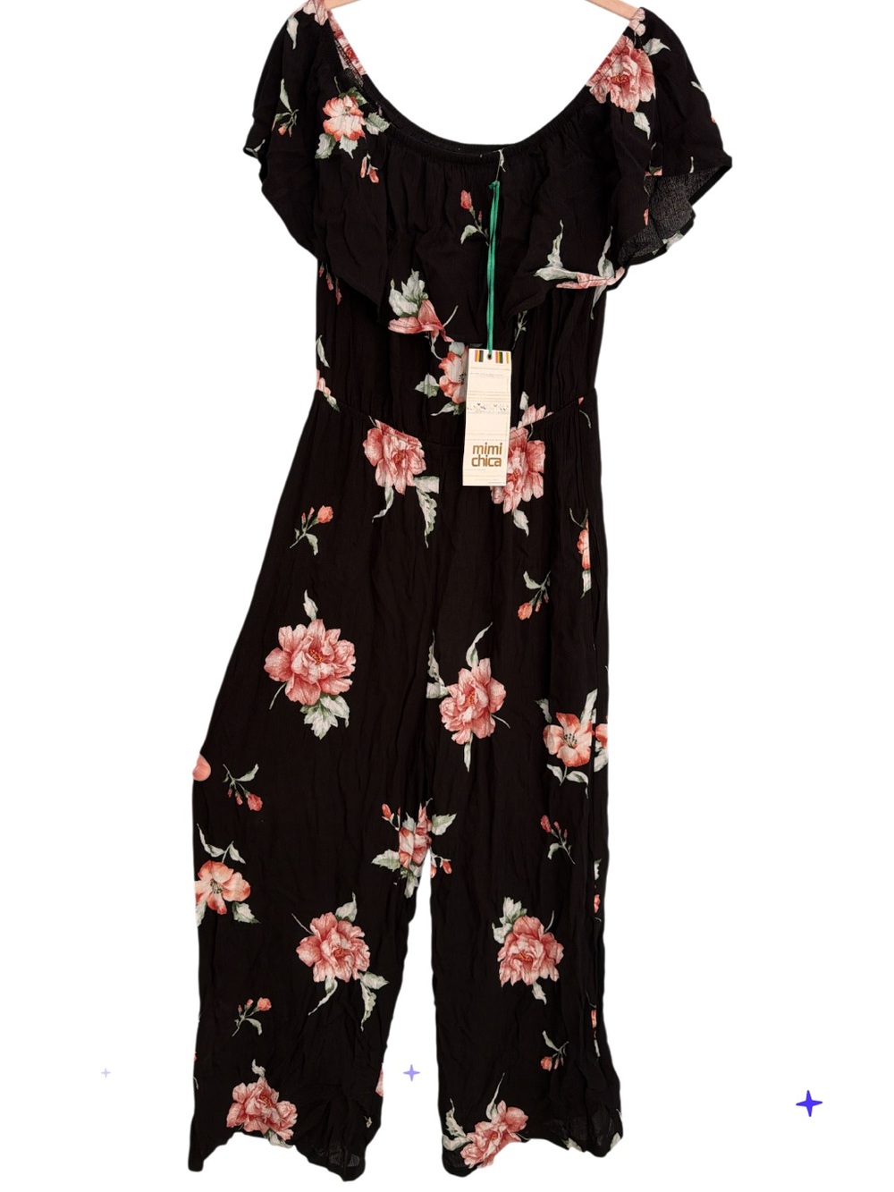 Mimi Chica Black Floral Off-Shoulder Jumpsuit Elastic Waist Pockets Large